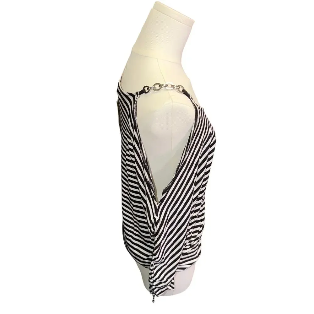 Michael Kors Cold Shoulder Top L Striped Black White Chain Strap